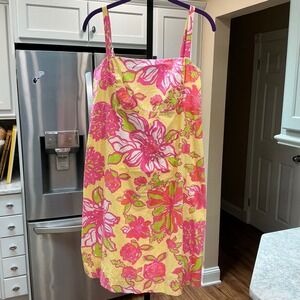 Lilly Pulitzer Sundress 12 Yellow Pink Floral Smocked Back Cotton Shift Dress